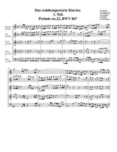 Prelude From Das Wohltemperierte Klavier I Bwv 867 Ii Version In A Minor Arrangement For 5 Recorders Sattb Or Satttgb Or Satt And Cello Page 2