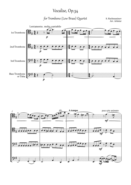 Rachmaninov Vocalise For Low Brass Trombone Quartet Page 2