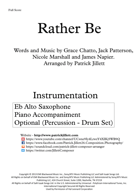 Rather Be Arranged For Solo Eb Alto Saxophone With Piano Accompaniment Optional Percussion Drum Set Page 2