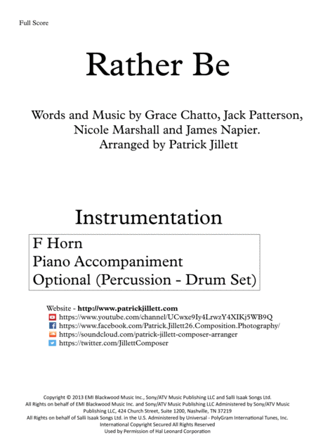 Rather Be Arranged For Solo French Horn With Piano Accompaniment Optional Percussion Drum Set Page 2