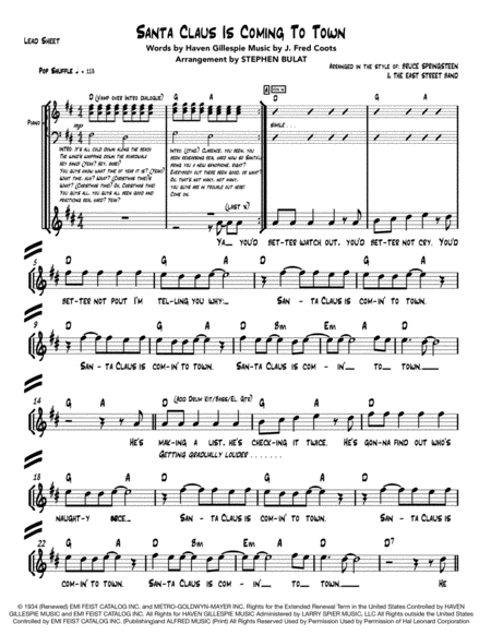 Santa Claus Is Comin To Town Bruce Springsteen Lead Sheet Rhythm Chart Key Of D Page 2