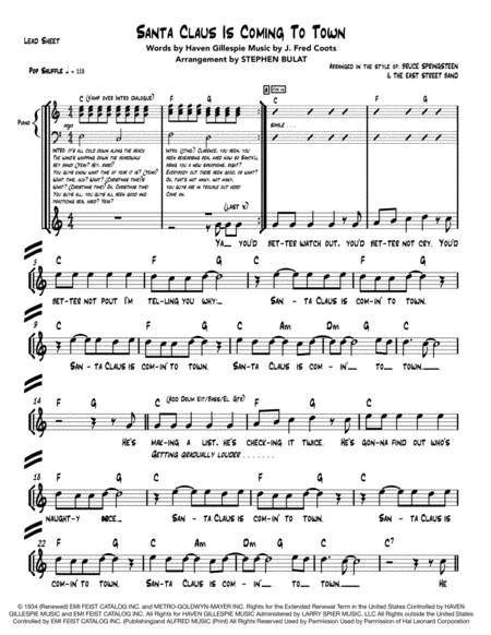 Santa Claus Is Coming To Town Bruce Springsteen Lead Sheet Rhythm Chart In Original Key Of C Page 2
