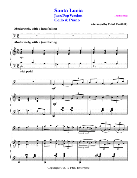 Santa Lucia Piano Background For Cello And Piano Jazz Pop Version Page 2