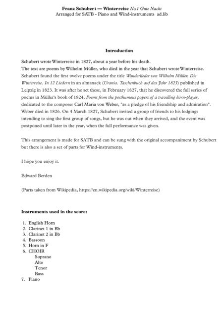 Schubert Gute Nacht From Winterreise Arranged For Satb And Piano With Wind Instruments Ad Lib Vocal Score Page 2