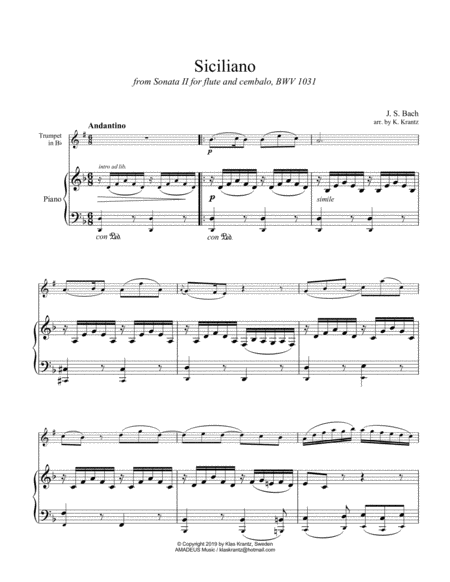 Siciliano Bwv 1031 For Trumpet In Bb And Easy Piano D Minor Page 2