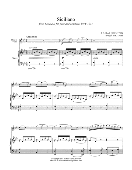 Siciliano Bwv 1031 G Minor For Violin Or Flute And Easy Piano Page 2