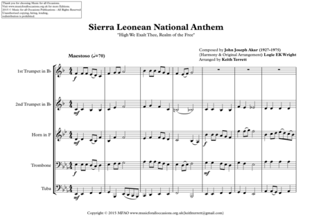 Sierra Leonean National Anthem High We Exalt Thee Realm Of The Free For Brass Quintet Page 2