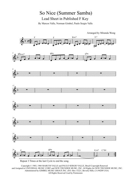 So Nice Summer Samba Lead Sheet For Flute And Piano In F Key With Chords Page 2