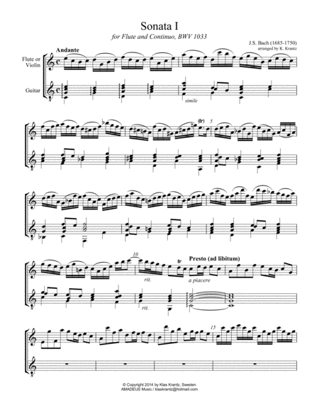 Sonata 1 Bwv 1033 For Flute Or Violin And Classical Guitar Page 2