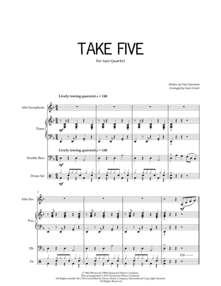 Take Five With Written Out Solo Alto Sax Piano Double Bass Drums Page 2