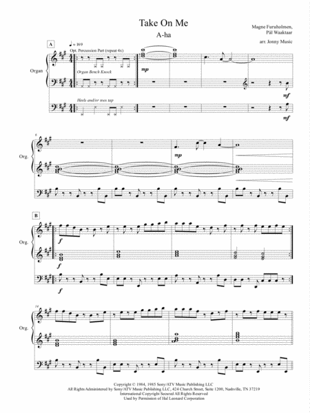 Take On Me By A Ha Arranged For Organ Page 2