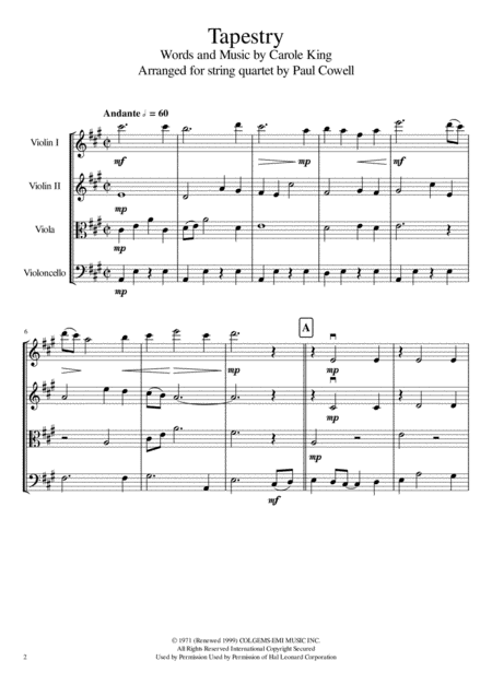 Tapestry By Carole King Arranged For String Quartet Page 2