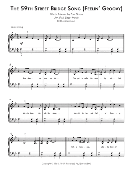 The 59th Street Bridge Song Feelin Groovy Easy Piano Page 2