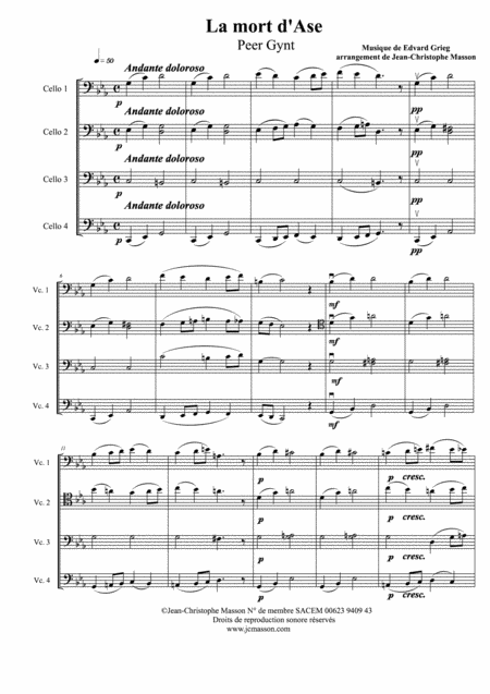 The Death Of Ase By E Grieg For Cello Quartet Score And Parts Jcm 2009 Page 2