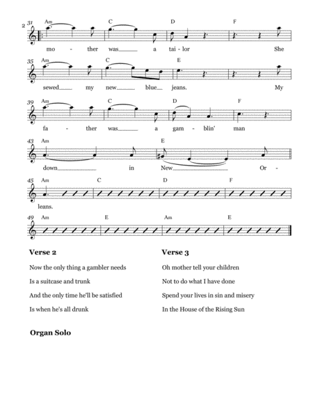 The House Of The Rising Sun Leadsheet Melody Notated Page 2