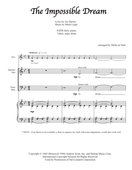 The Impossible Dream Satb With Piano Accompaniment Oboe Or Flute And Snare Drum Page 2