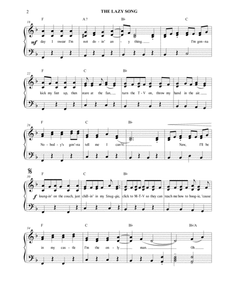 The Lazy Song By Bruno Mars Easy Piano With Clean Lyrics Page 2