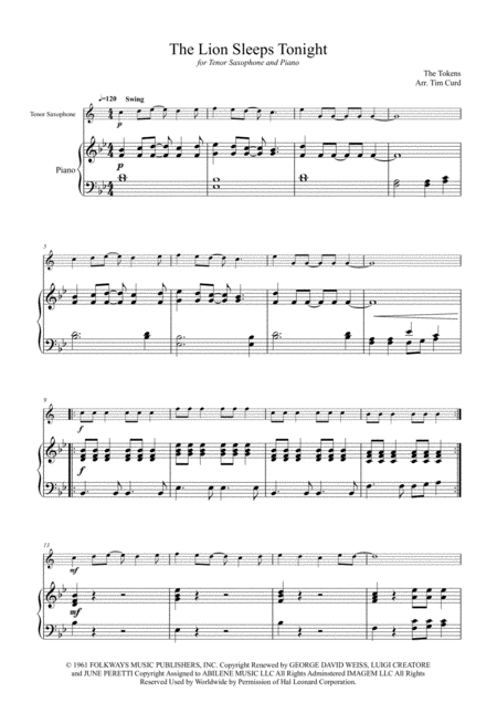 The Lion Sleeps Tonight For Tenor Saxophone And Piano Page 2