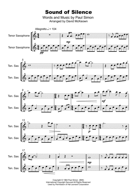 The Sound Of Silence Duet For Two Tenor Saxophones Page 2