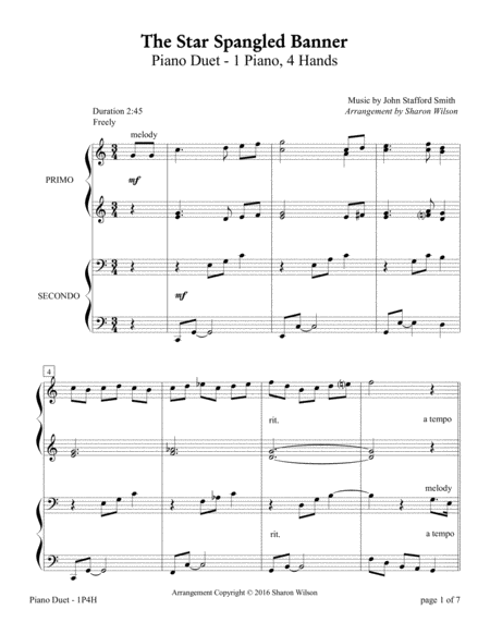 The Star Spangled Banner 1 Piano 4 Hands Duet Page 2