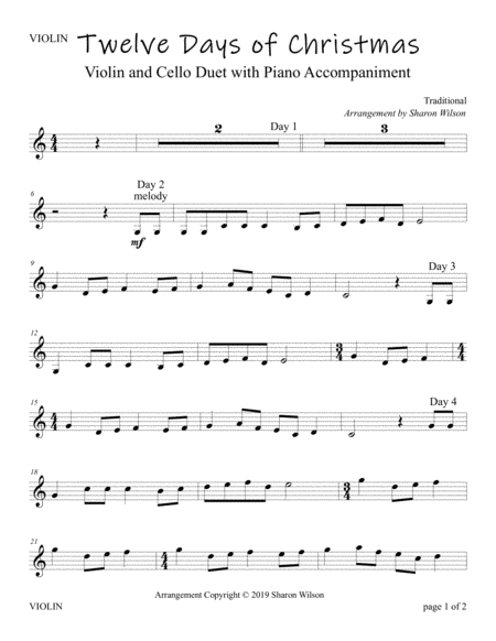 The Twelve Days Of Christmas Easy Violin And Cello Duet With Piano Accompaniment Page 2