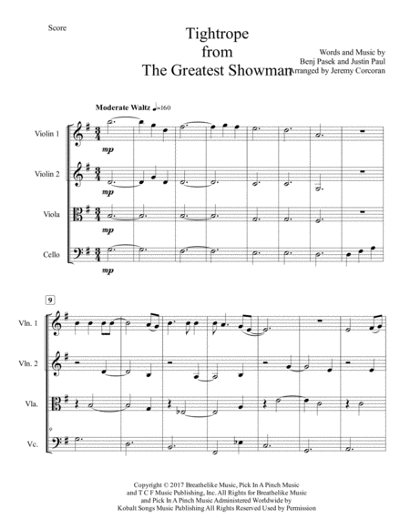 Tightrope From The Greatest Showman For String Quartet Page 2