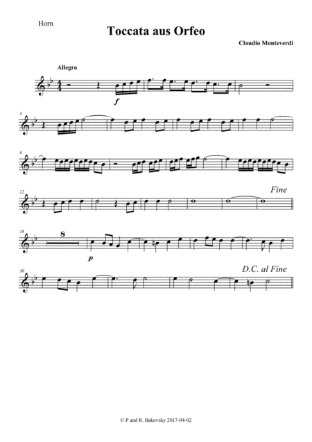 Toccata From Orfeo By Claudio Monteverdi For Trumpet Or Horn And Organ Page 2