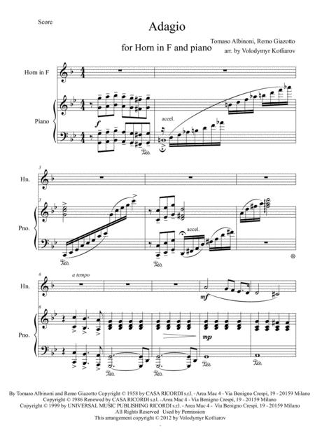 Tomaso Albinoni Adagio In G For Horn In F And Piano Page 2