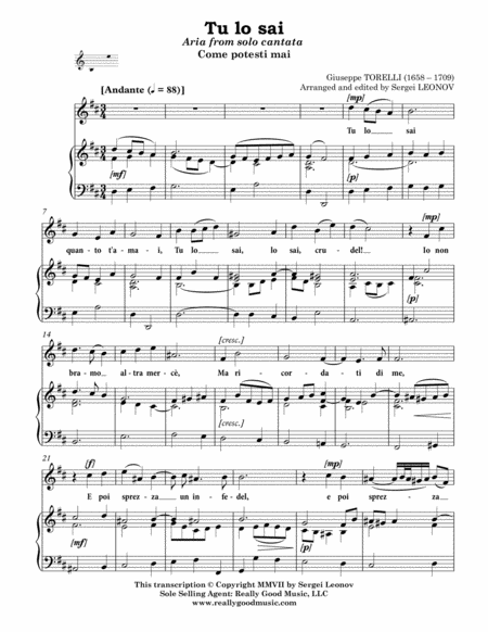 Torelli Giuseppe Tu Lo Sai Aria From Solo Cantata Come Potesti Mai For Voice And Piano D Major Page 2