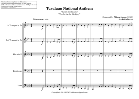 Tuvaluan National Anthem Tuvalu Mo Te Atua For Brass Quintet Page 2