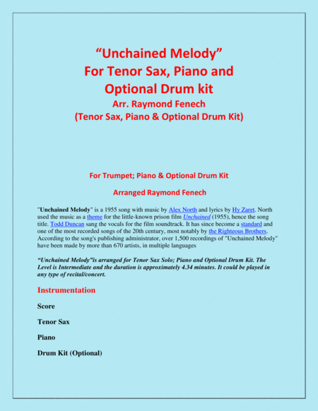 Unchained Melody For Solo Tenor Sax Piano Optional Drum Kit Page 2