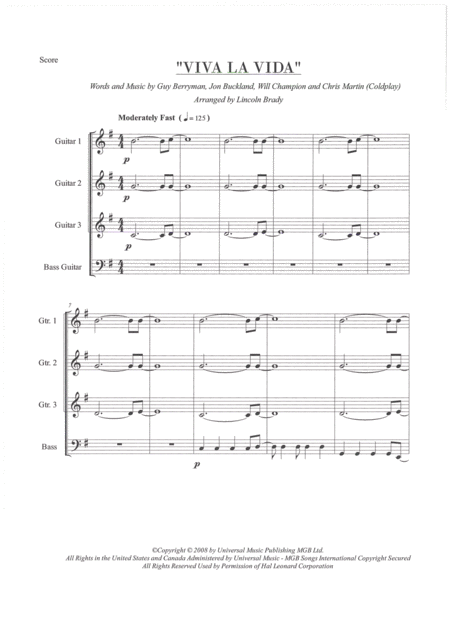 Viva La Vida By Coldplay Guitar Ensemble Score Only Page 2