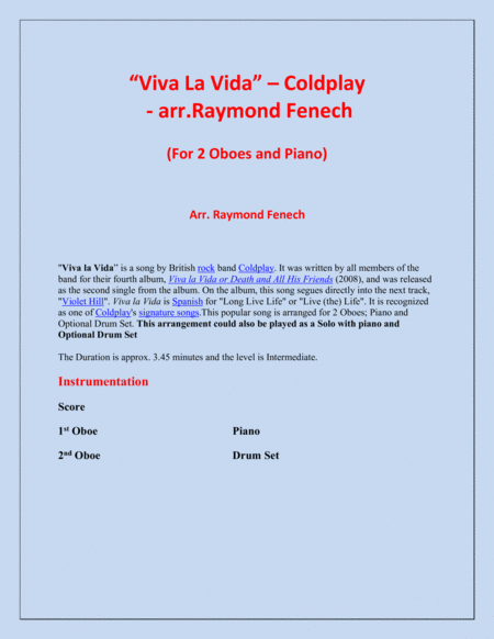 Viva La Vida Coldplay 2 Oboes And Piano With Optional Drum Set Page 2