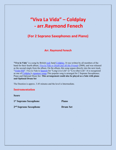 Viva La Vida Coldplay 2 Soprano Saxophones And Piano With Optional Drum Set Page 2