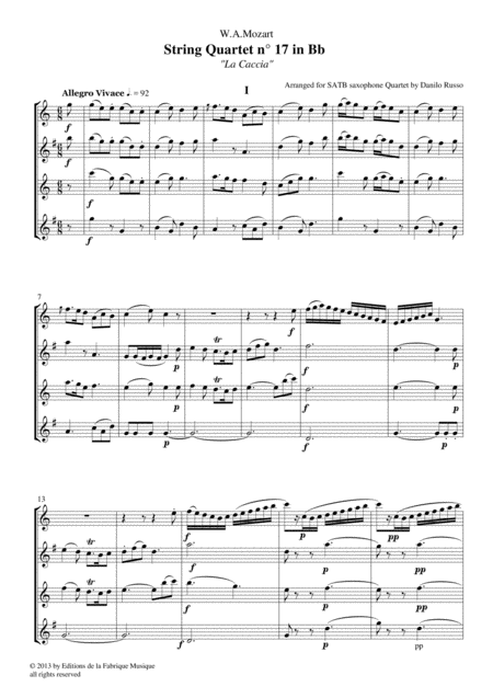 Wolfgang Amadeus Mozart String Quartet No 17 In Bb K 458 Arranged For Satb Saxophone Quartet By Danilo Russo Page 2