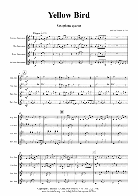 Yellow Bird Haitian Folk Song Calypso Saxophone Quartet Page 2