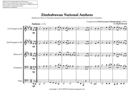 Zimbabwean National Anthem Kalibusiswe Ilizwe Le Zimbabwe For Brass Quintet Page 2