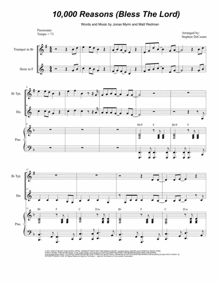 Free Sheet Music 10 000 Reasons Bless The Lord Duet For Bb Trumpet And French Horn