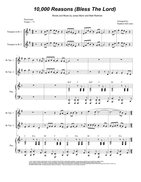 Free Sheet Music 10 000 Reasons Bless The Lord Duet For Bb Trumpet