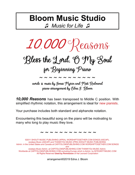 10 000 Reasons Bless The Lord For Beginner Piano Sheet Music