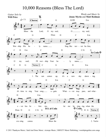 Free Sheet Music 10 000 Reasons Bless The Lord Lead Sheet In G With Guitar Solo Tab