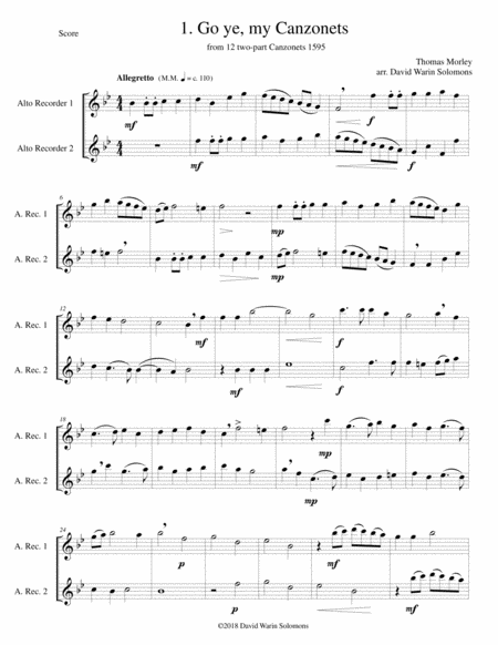 12 Easy Canzonets For Alto Recorder Duo Sheet Music