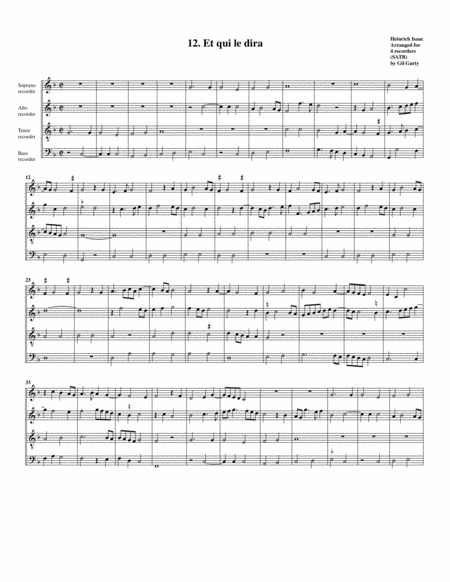 Free Sheet Music 12 Et Qui Le Dira Arrangement For 4 Recorders