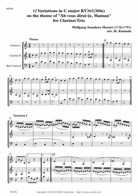 Free Sheet Music 12 Variations In C Major Kv265 300e On The Theme Of Ah Vous Dirai Je Maman For Clarinet Trio