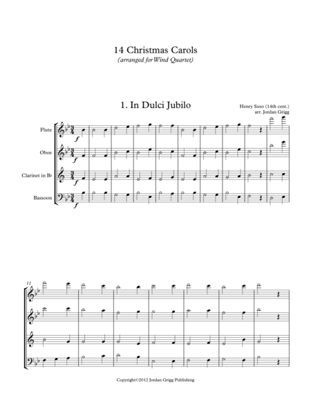 14 Christmas Carols Arranged For Wind Quartet Sheet Music