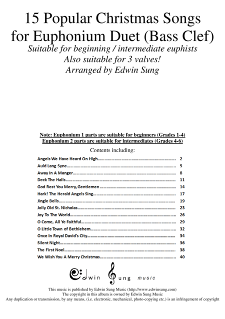 Free Sheet Music 15 Popular Christmas Songs For Euphonium Duet Bass Clef Suitable For Beginning Intermediate Euphists