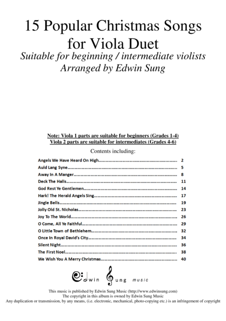 15 Popular Christmas Songs For Viola Duet Suitable For Beginning Intermediate Violists Sheet Music