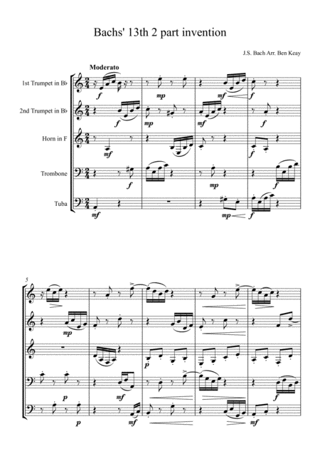 Free Sheet Music 2 Part Invention For Brass Quintet