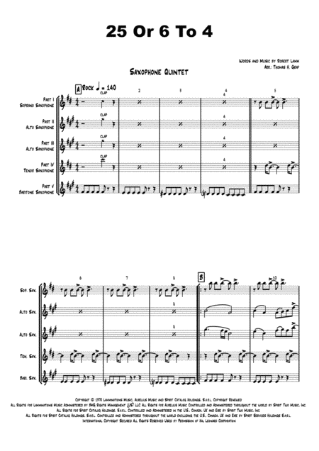 25 Or 6 To 4 Chicago Saxophone Quintet Sheet Music