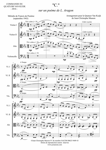 3 Mlodies De Poulenc Arranged For String Quartet Score And Parts C Fleurs And Les Chemins De L Amour Jcm 2016 Sheet Music